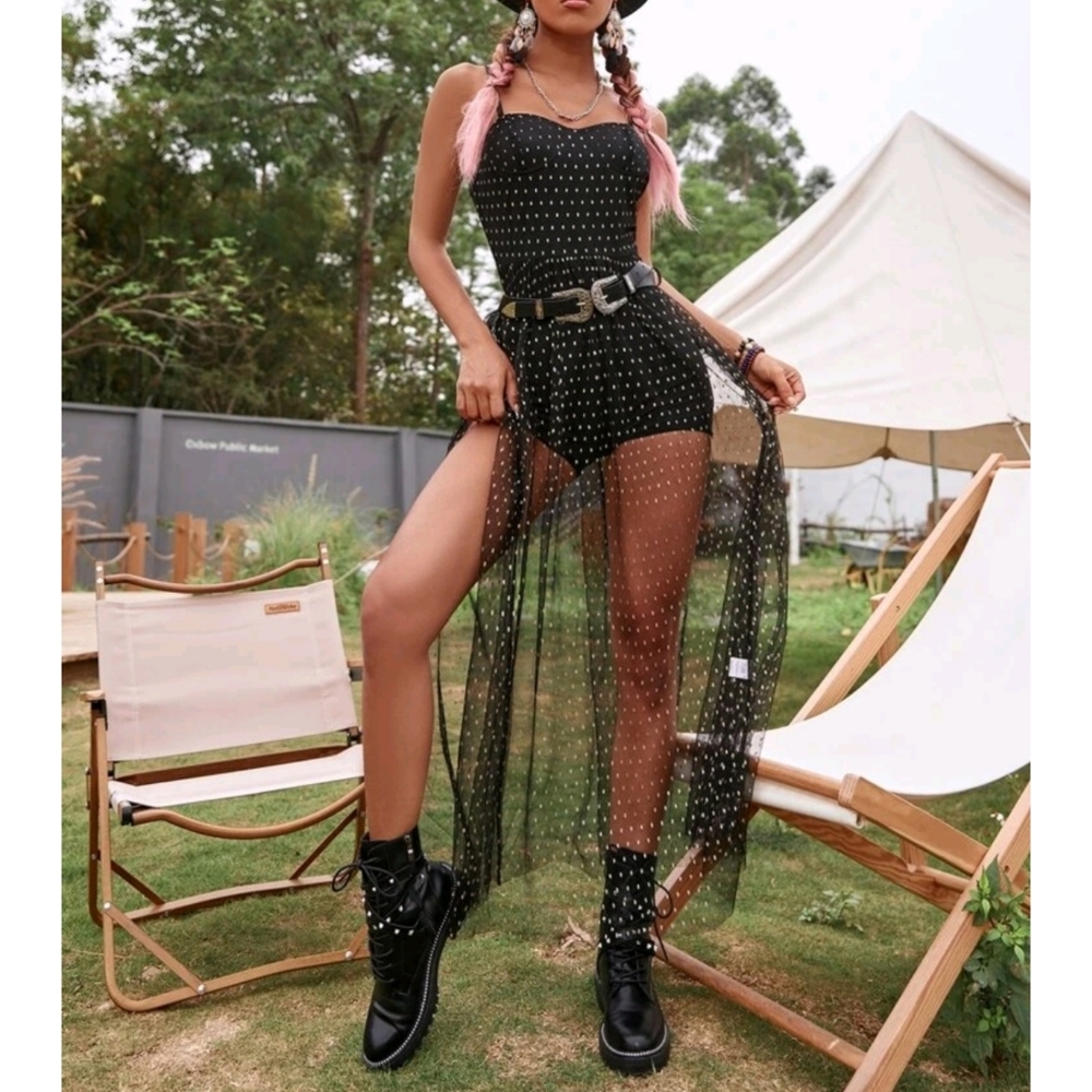 Contrast Dot Mesh Split Hem Combo Romper/Dress - Picture 4 of 7